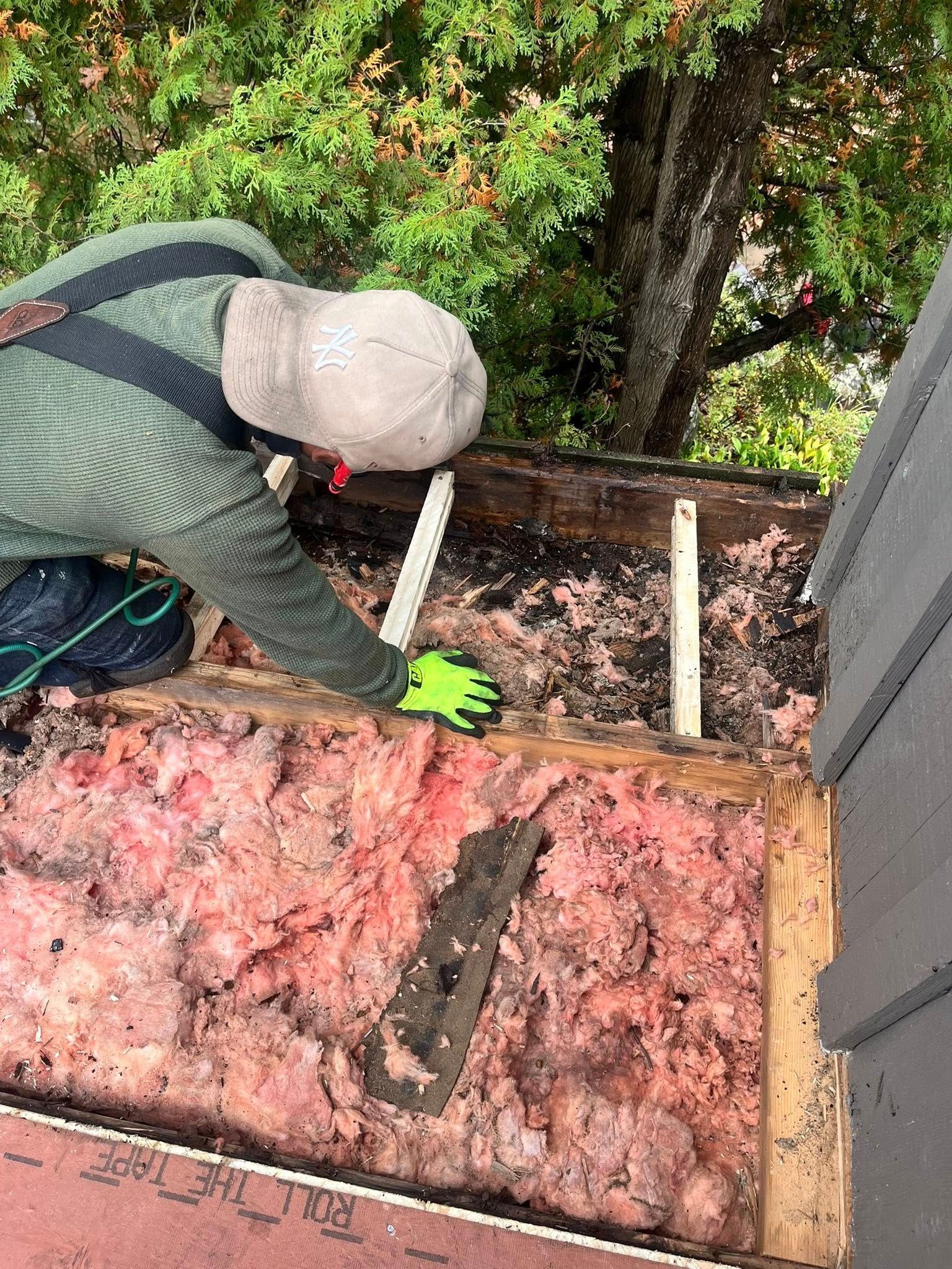 Worker in gloves and cap inspecting insulation in an attic beside a roof opening.