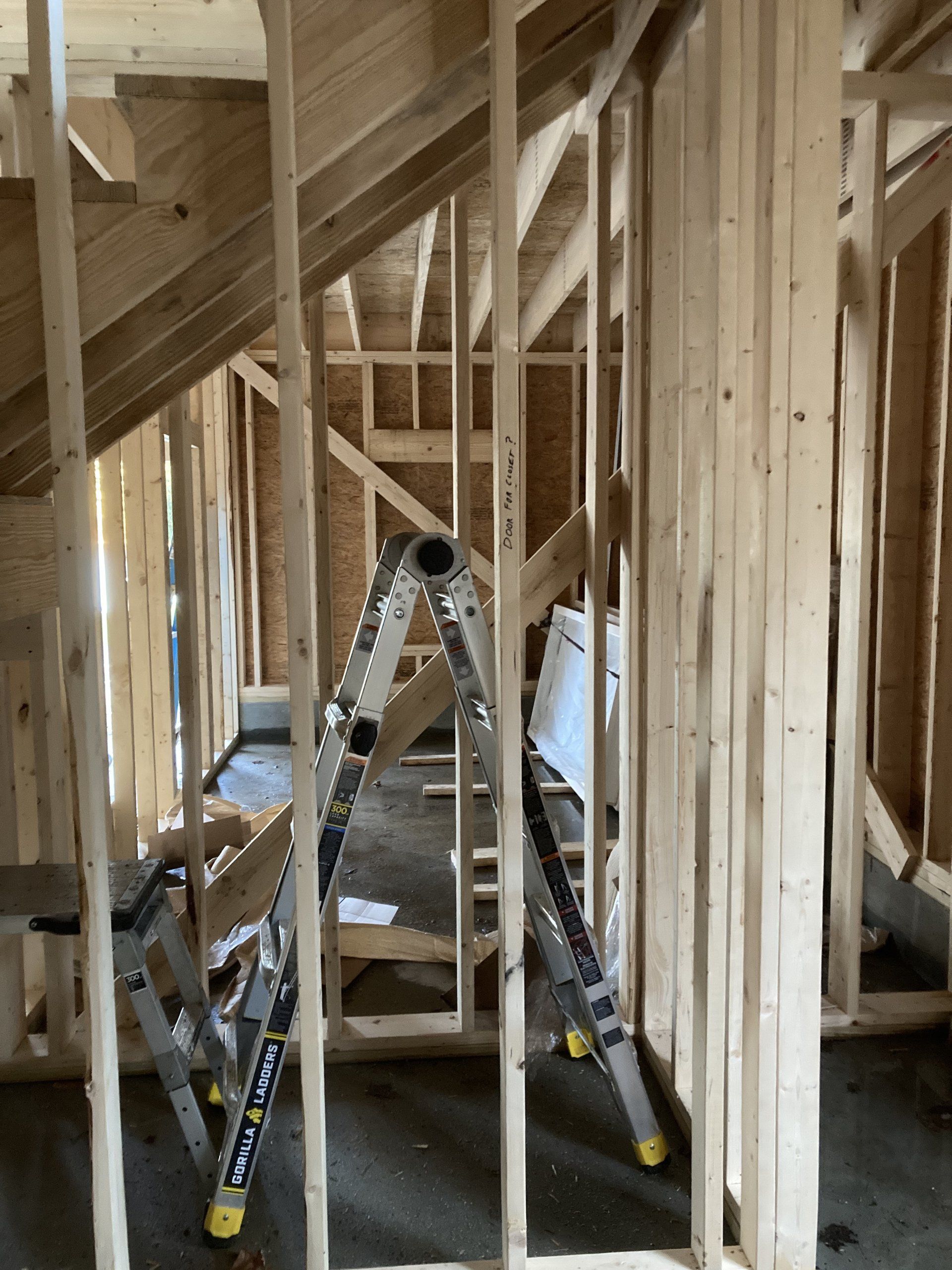 Ladder in a framed house under construction with exposed wood studs and roof trusses.