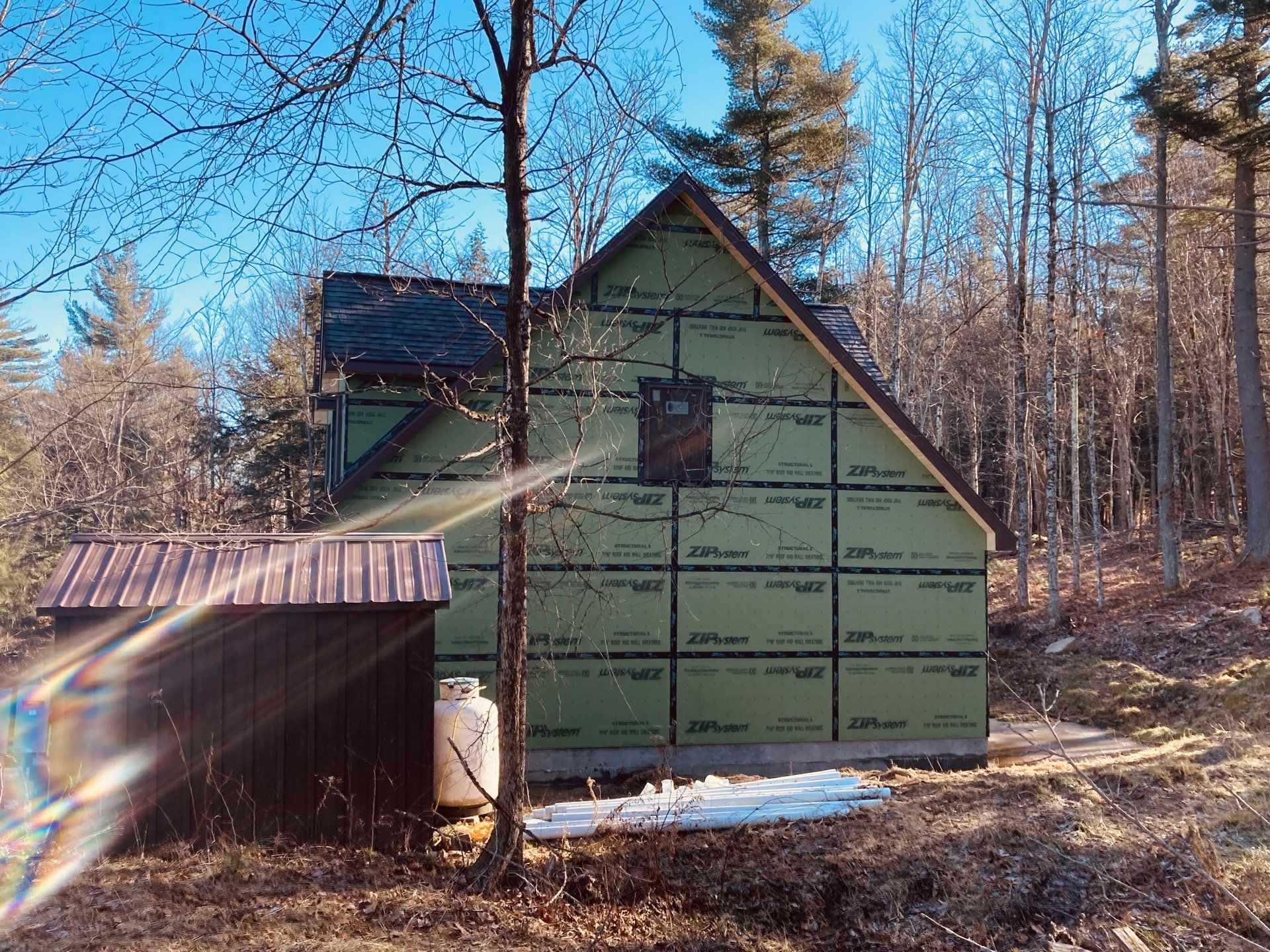 Partially finished cabin with green sheathing and a metal roof in a wooded area with bare trees