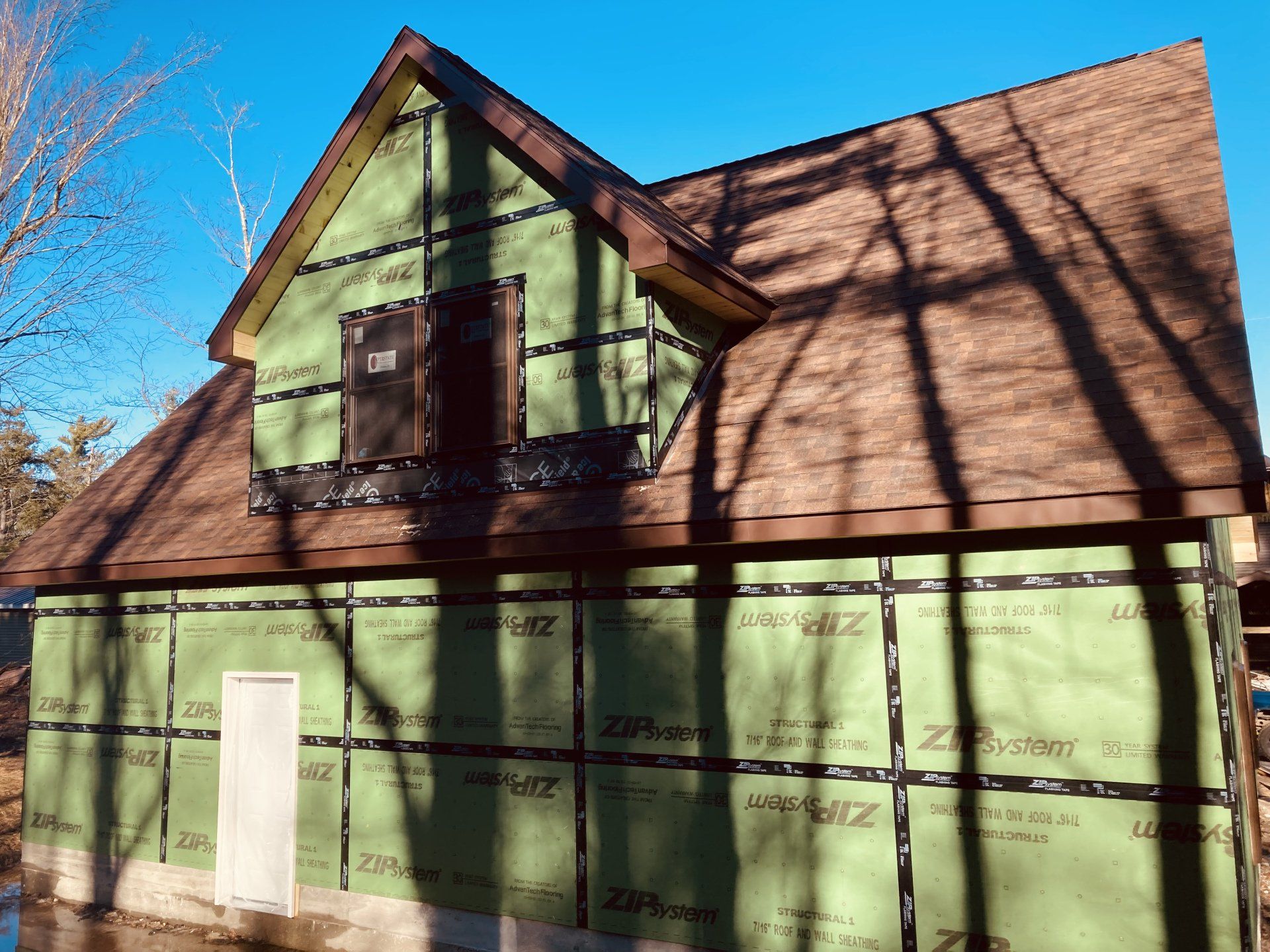 Green house with brown roof and shutters, framed by bare tree branches against a blue sky