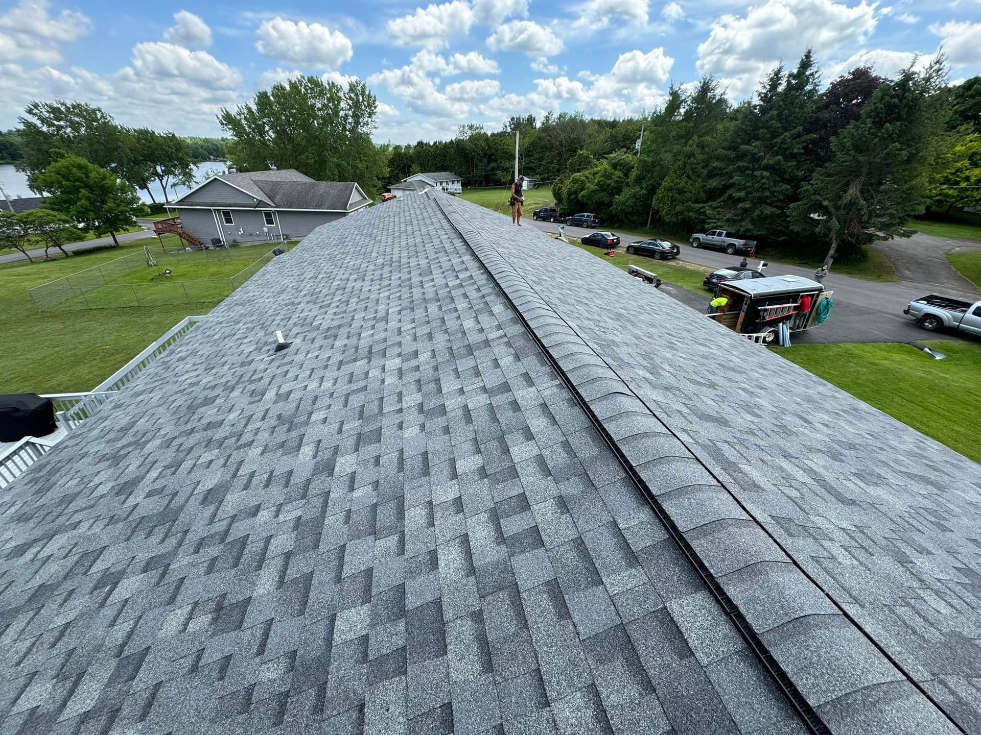 An aerial view of a roof with a lot of shingles on it.