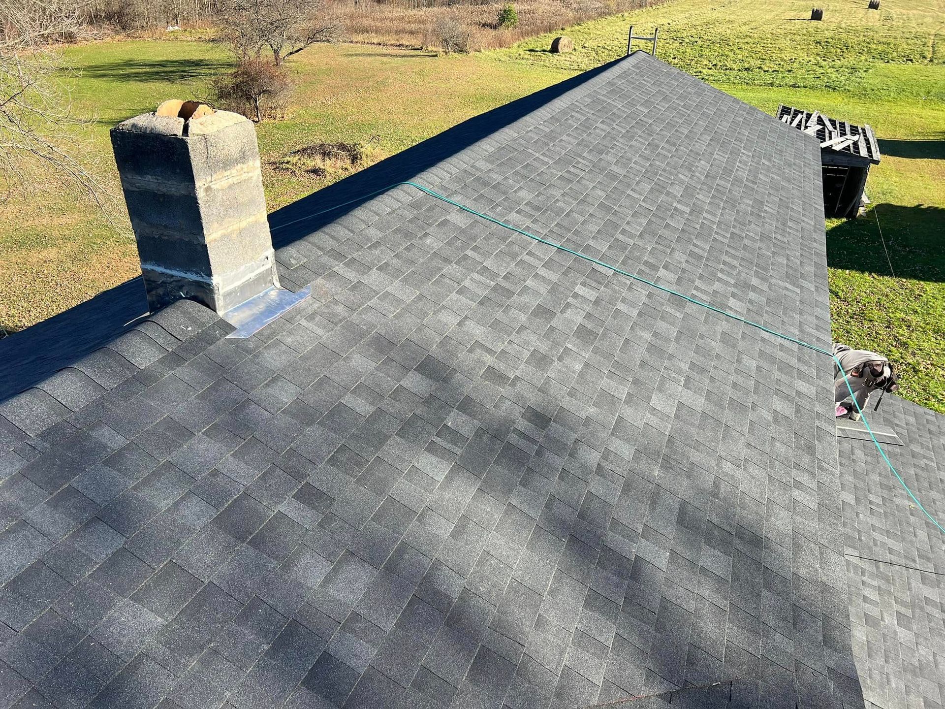 A dog is standing on top of a roof next to a chimney.