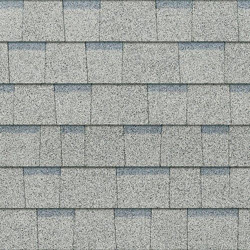 Gray asphalt shingles arranged in neat horizontal rows