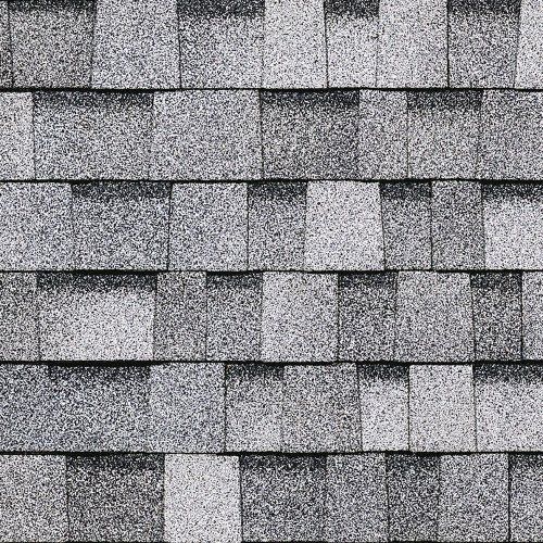 Gray asphalt roof shingles in a repeating horizontal pattern