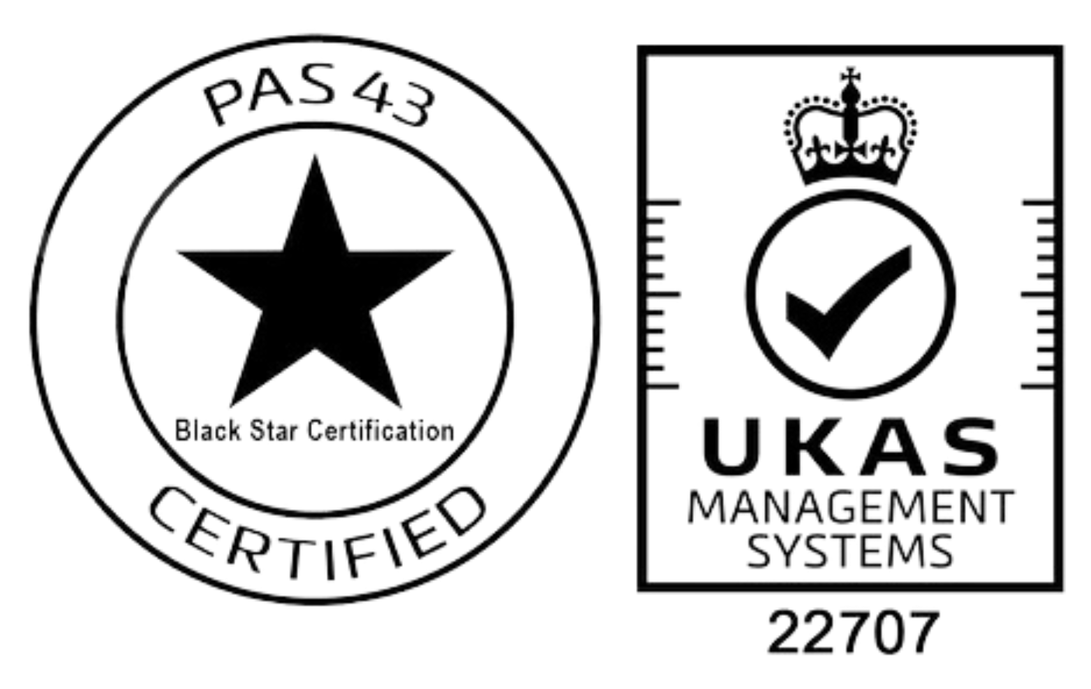 Logos: PAS 43 Black Star Certification and UKAS Management Systems (22707).