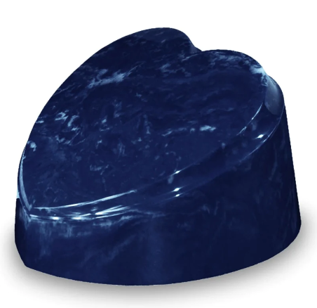 Dark blue polished gemstone or mineral with a heart-like shape on a white background