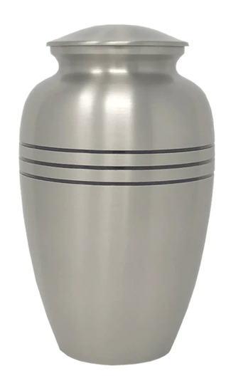 Silver metal urn with a domed lid and three thin horizontal bands