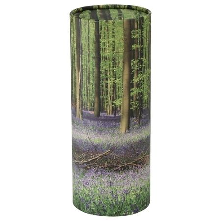Tall cylindrical lamp with a forest and purple wildflower print
