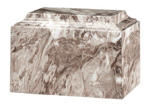 Marble-patterned rectangular memorial urn with a lid, in beige and brown tones