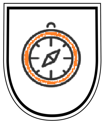 A black and orange compass is on a white shield.