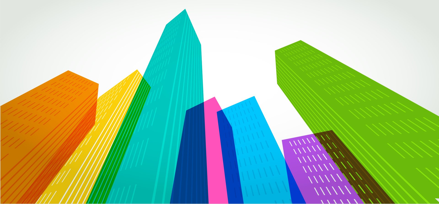 A row of colorful buildings on a white background