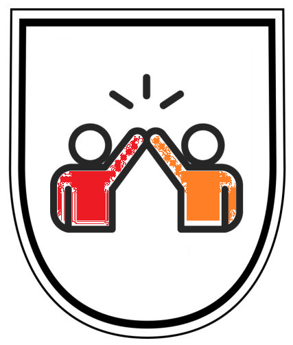 A shield with two people giving each other a high five.