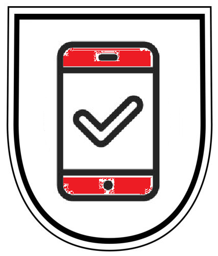 A shield with a cell phone and a check mark on it.