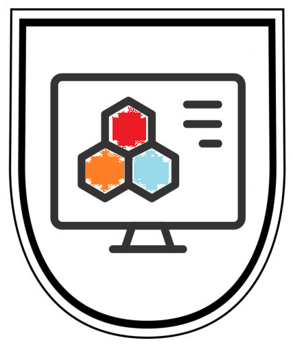 A computer screen with three hexagons on it in a shield.