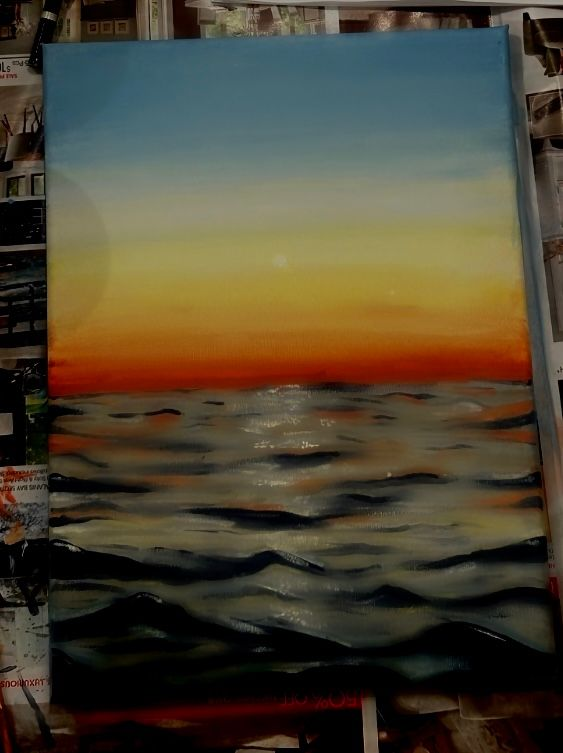 Sunset at Sea (2021–2022)
Inspired by a visit to the beach, I painted the warm colors of the sunset reflecting across the ocean waves. Created in 8th grade.
