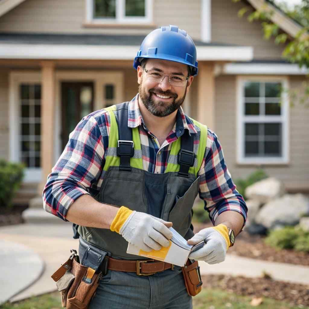 A carpenter smiles, hands on hips, in a workshop; wearing a blue shirt, tool belt, and cap.