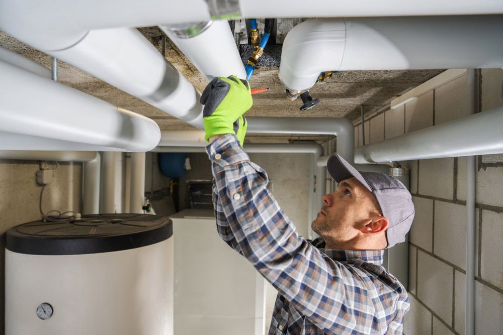 A Man Is Working On Pipes In A Basement — No Risk Plumbing Kyogle Pty Ltd in Geneva, NSW