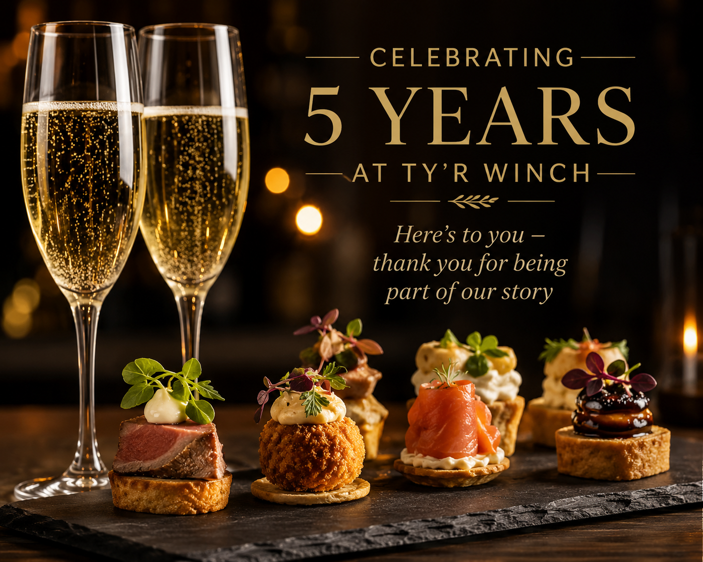 Anniversary champagne and canapés at Ty'r Winch Gastro Pub & Guest House, celebrating five years of