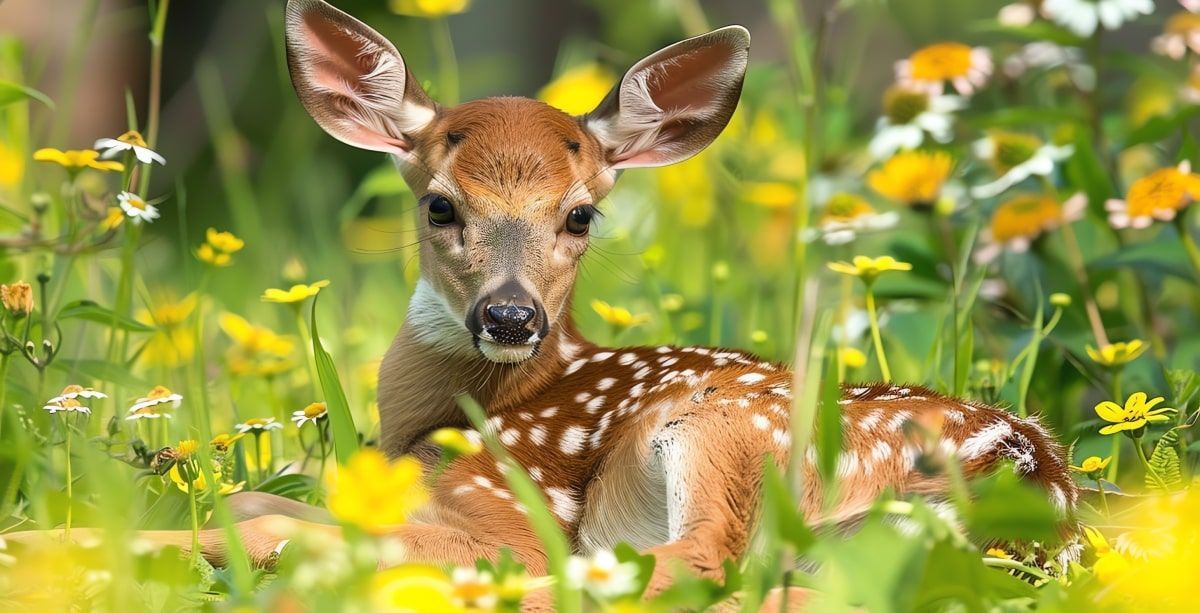 Fawn with white spots rests in a field of green grass and yellow wildflowers.