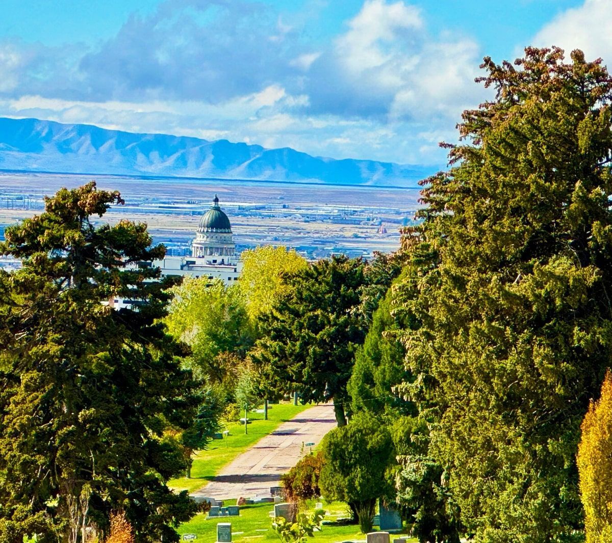 View of a cemetery with a domed building and mountains in the distance, framed by trees under a blue sky.