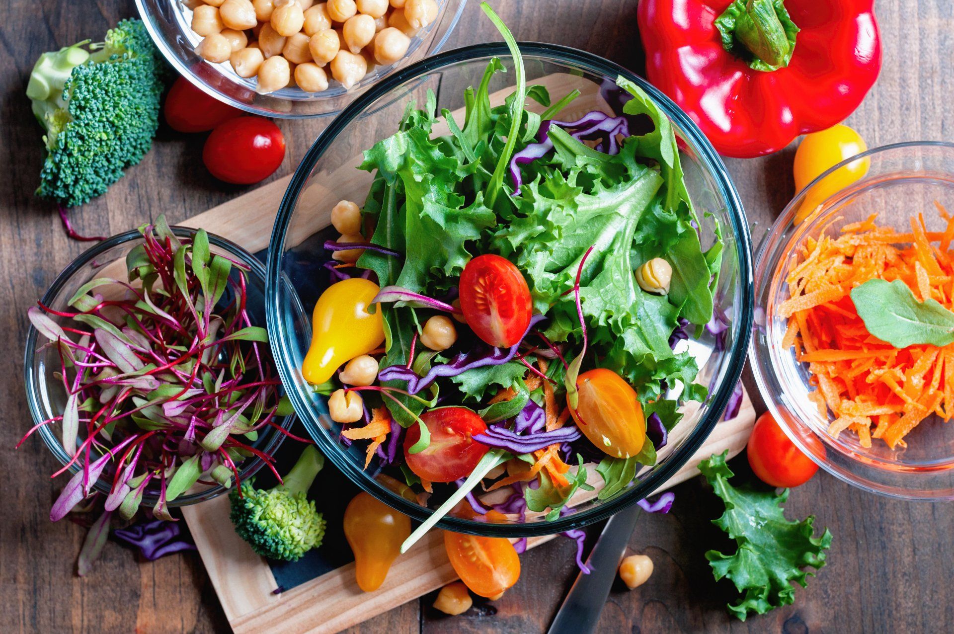 Chickpea and veggies salad with micro greens, healthy homemade vegan food, vegetarian diet, vitamin snack.