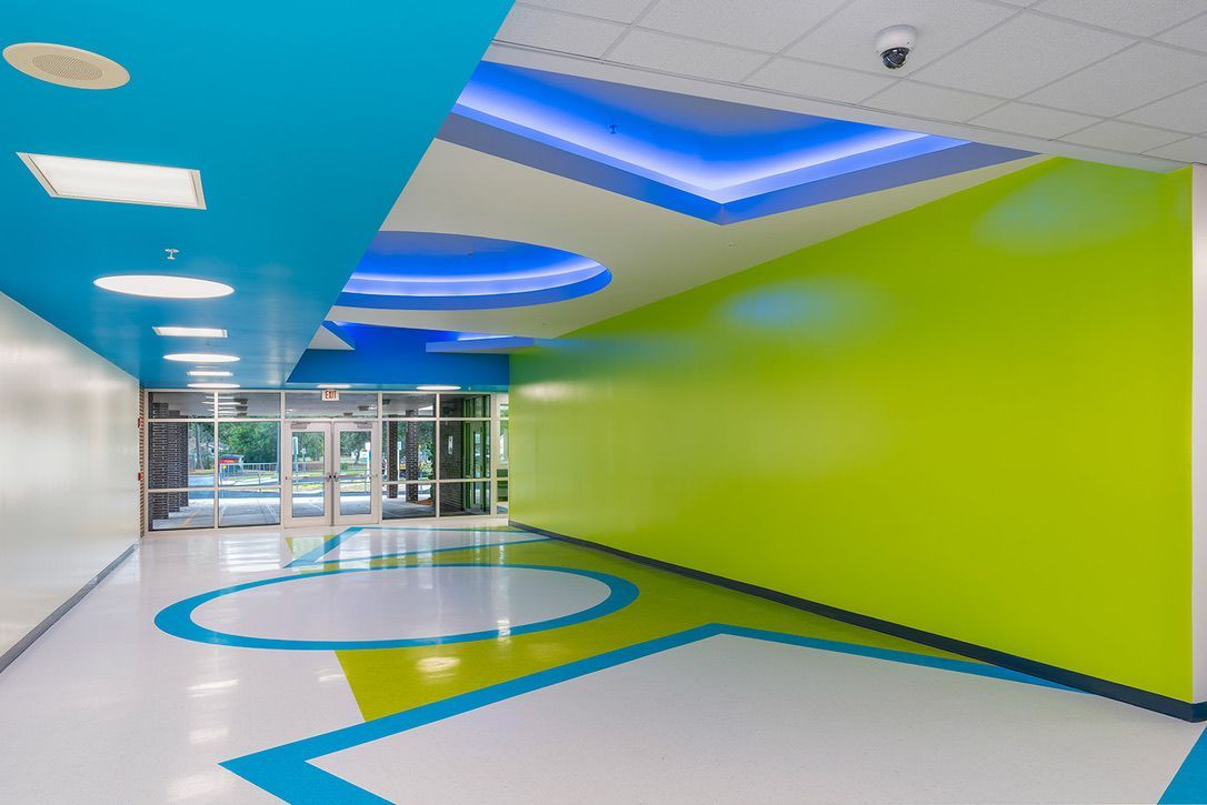 Bright school lobby with durable commercial flooring