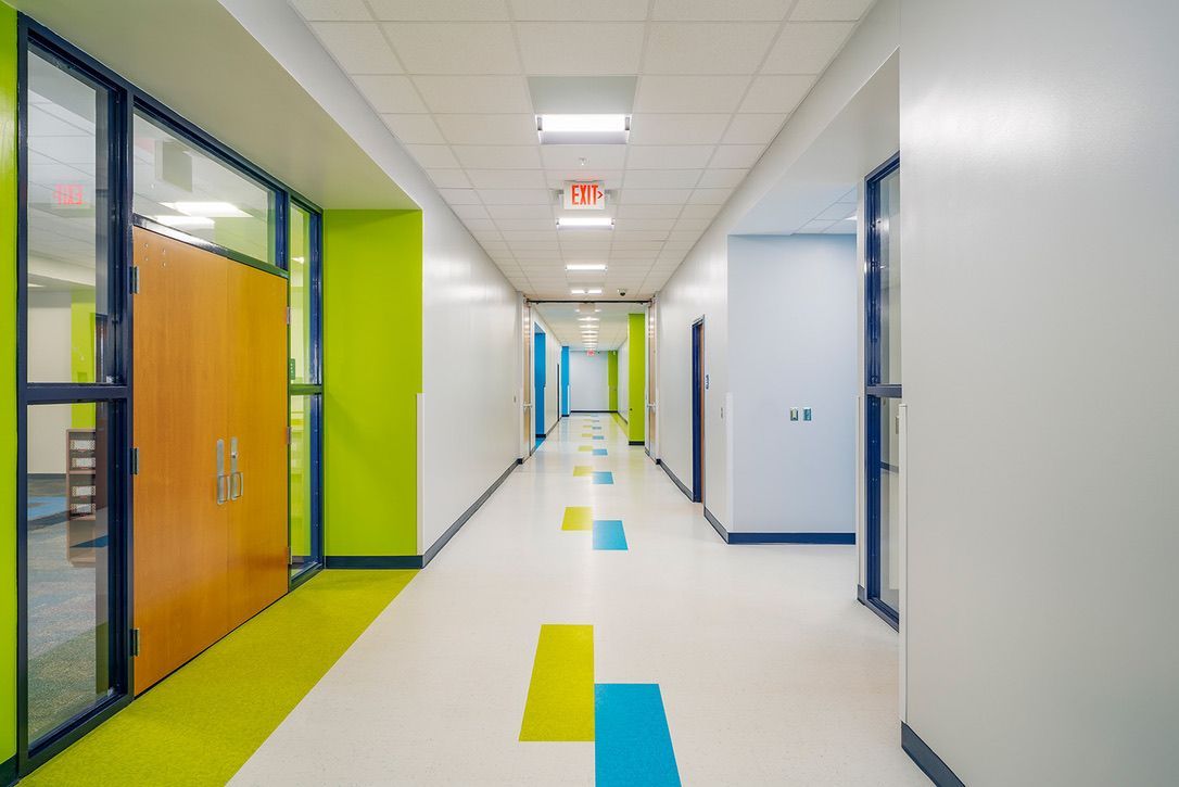 Modern school hallway with resilient commercial flooring