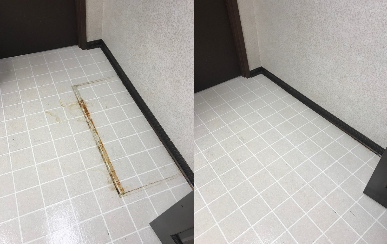 Damaged floor tile before and after repair