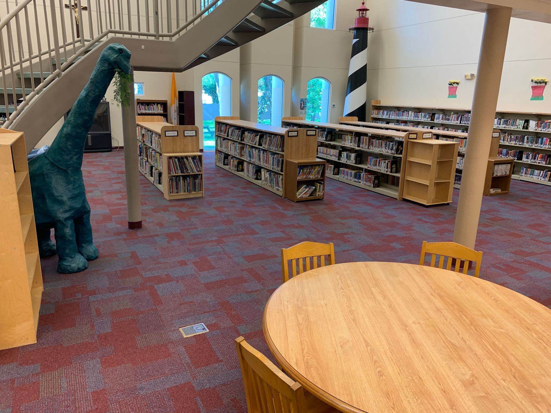 Children's library with patterned commercial carpet flooring