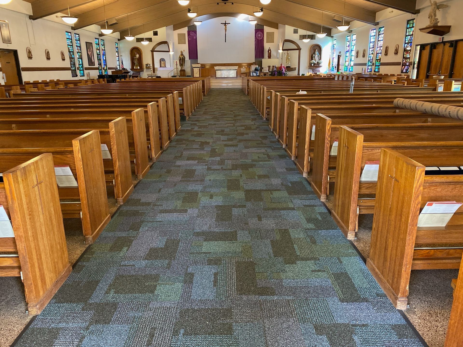 Patterned commercial carpet installed in a church sanctuary