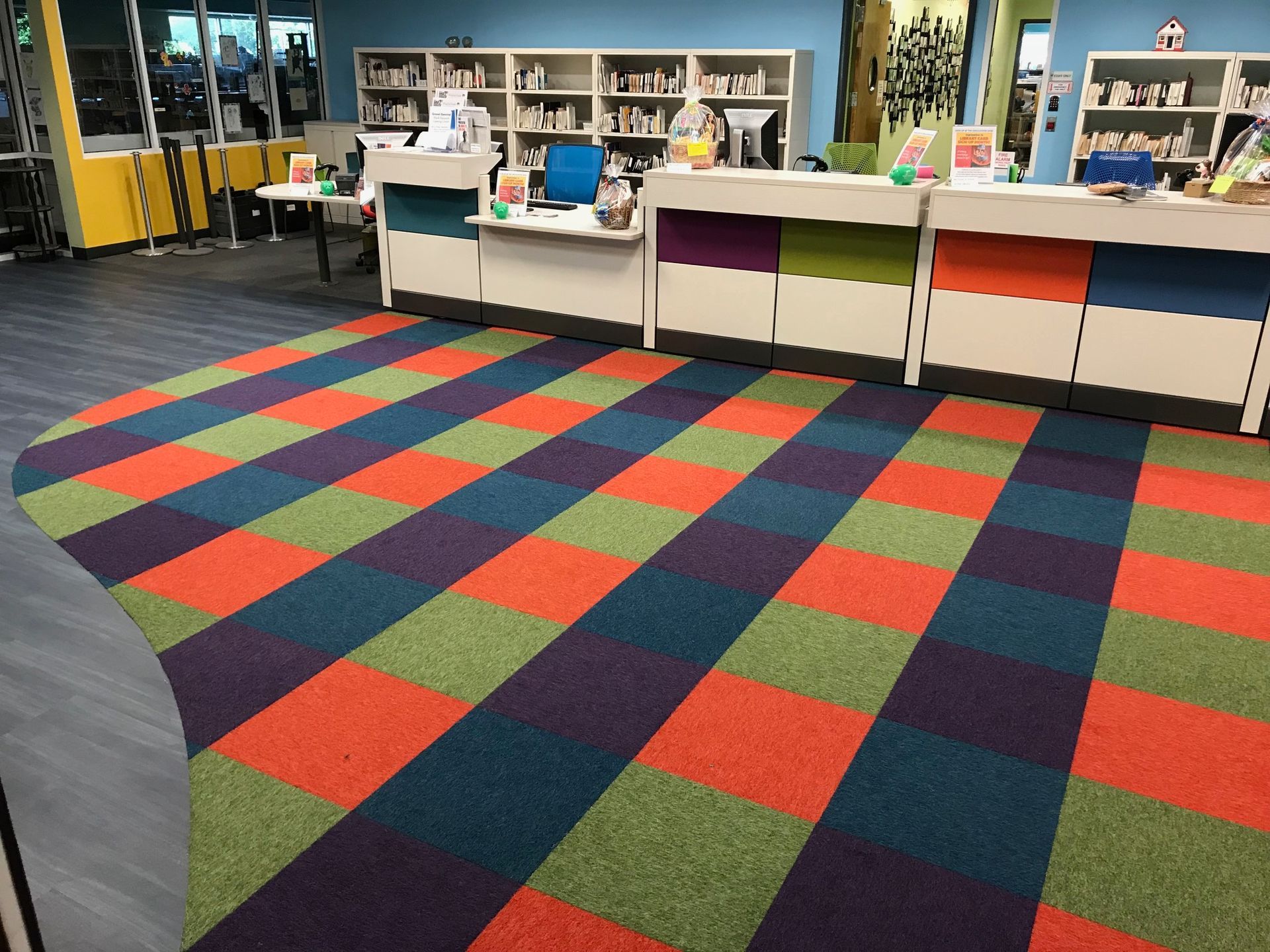 Colorful commercial carpet tile installation