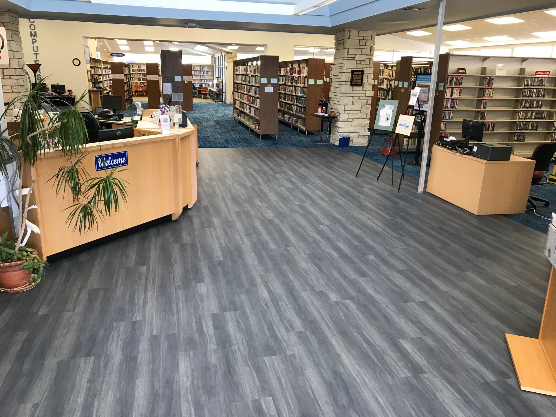 Public library interior with commercial flooring installation