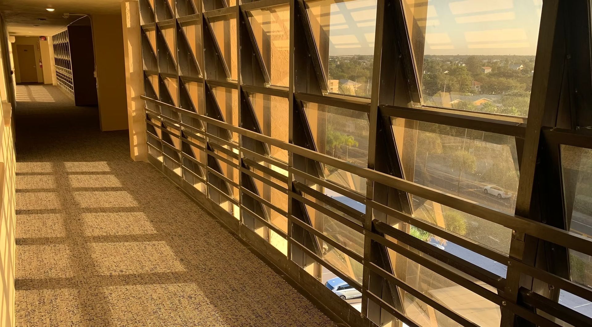 Library mezzanine with patterned commercial carpet flooring