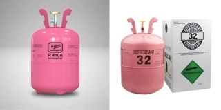 A bottle of r32 refrigerant next to a box of r32 refrigerant.