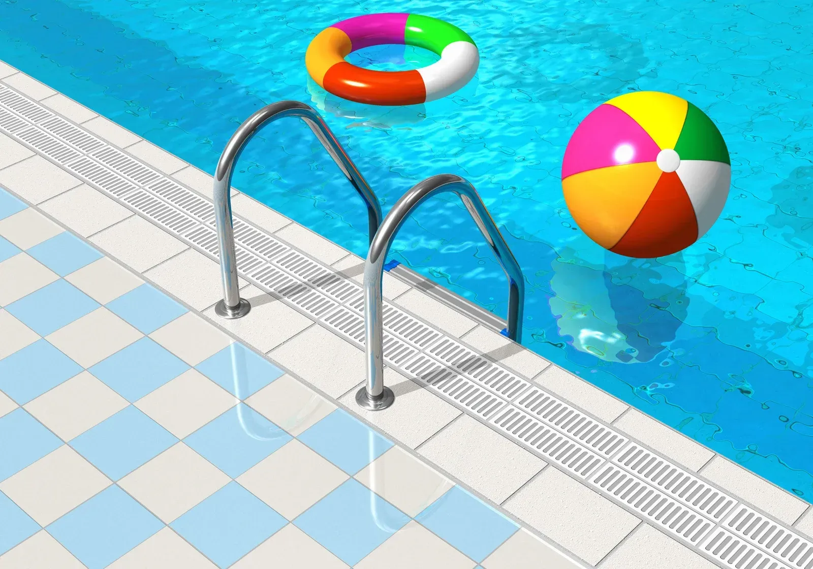 Swimming pool with ladder, colorful inflatable ring and beach ball floating in clear blue water.