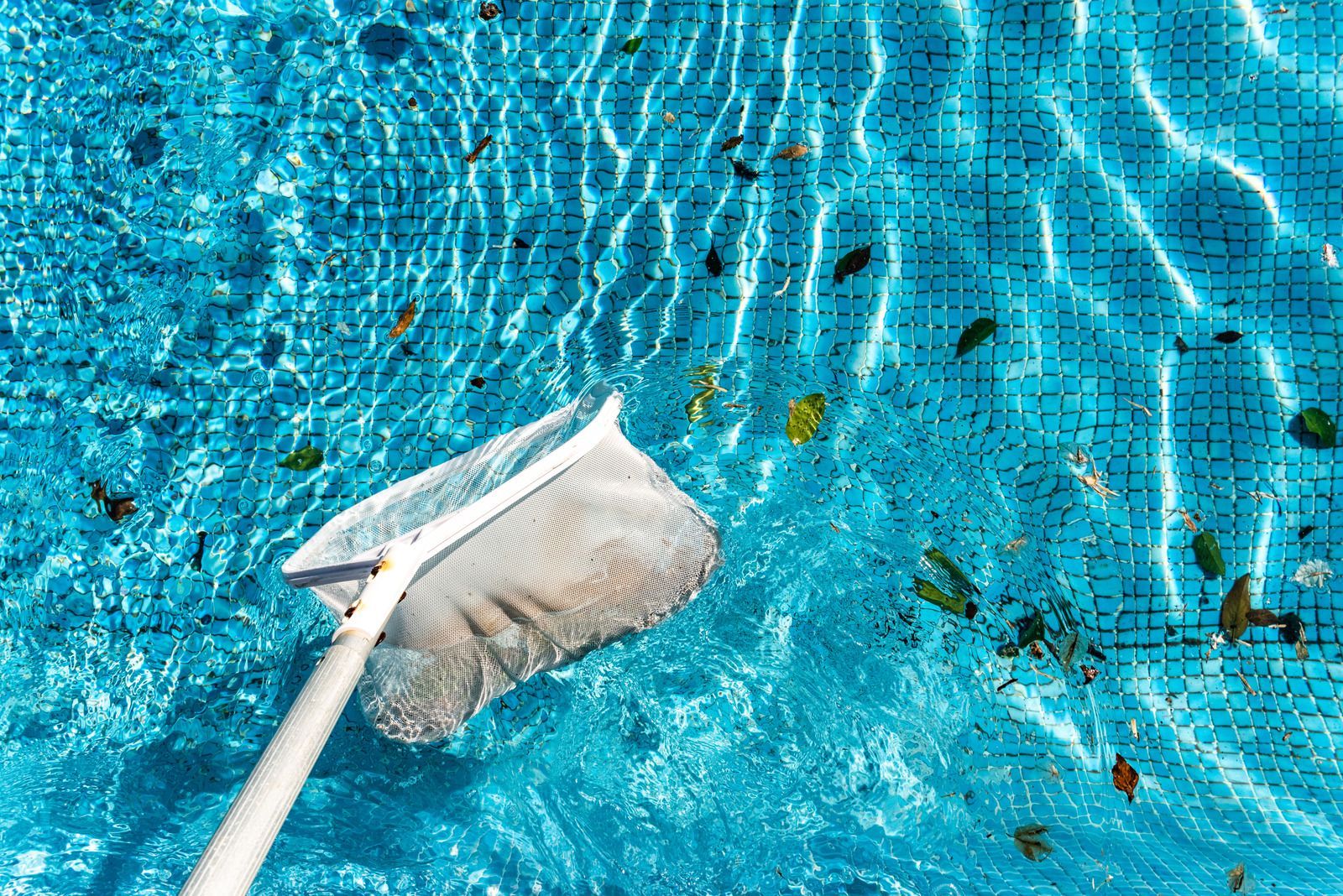 Person tests pool water with a handheld meter. Blue tiled pool and cleaning equipment visible.