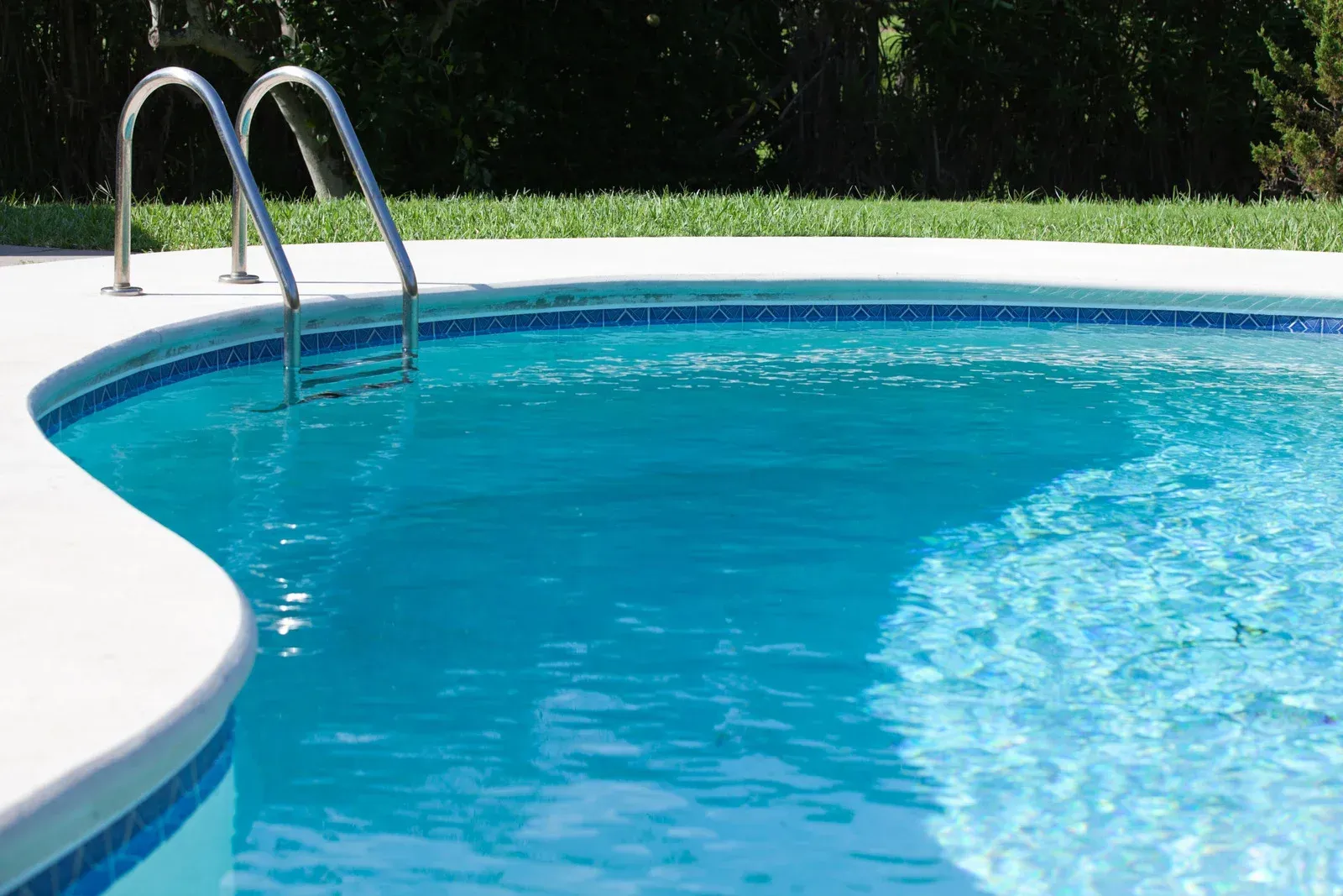 Swimming pool with blue water, ladder, and white edge. Green grass and trees in the background.