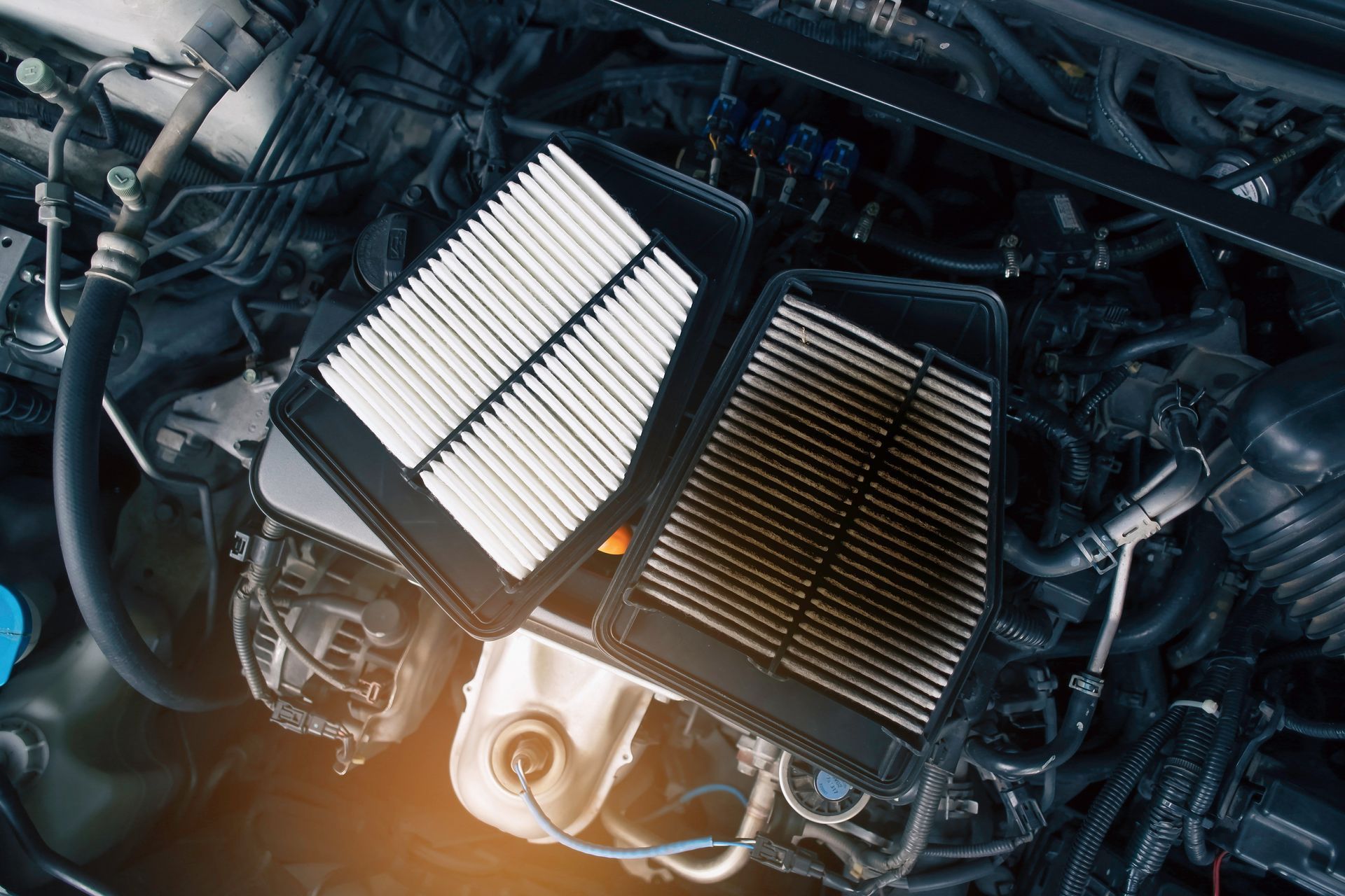 Comparison of a clean, unused engine air filter next to a dirty, clogged one under an open car hood.