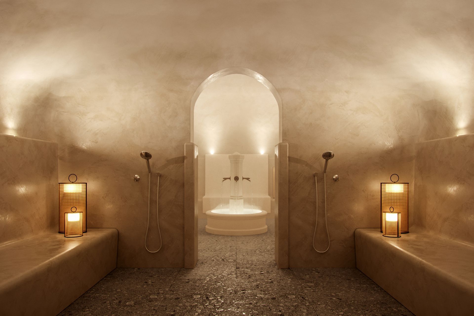 Un hammam avec fontaine intérieure, creation unique pour Le Couvent des Minimes & Spa L'Occitane
