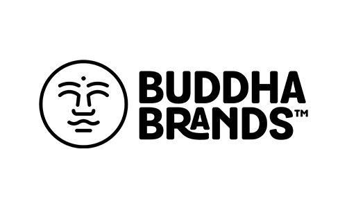 BUDDHA BRANDS logo with a stylized Buddha face icon and bold black text on a white background