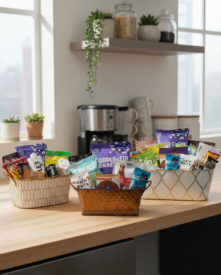 Assorted snack baskets on a kitchen counter with a coffee maker and potted plants in the background