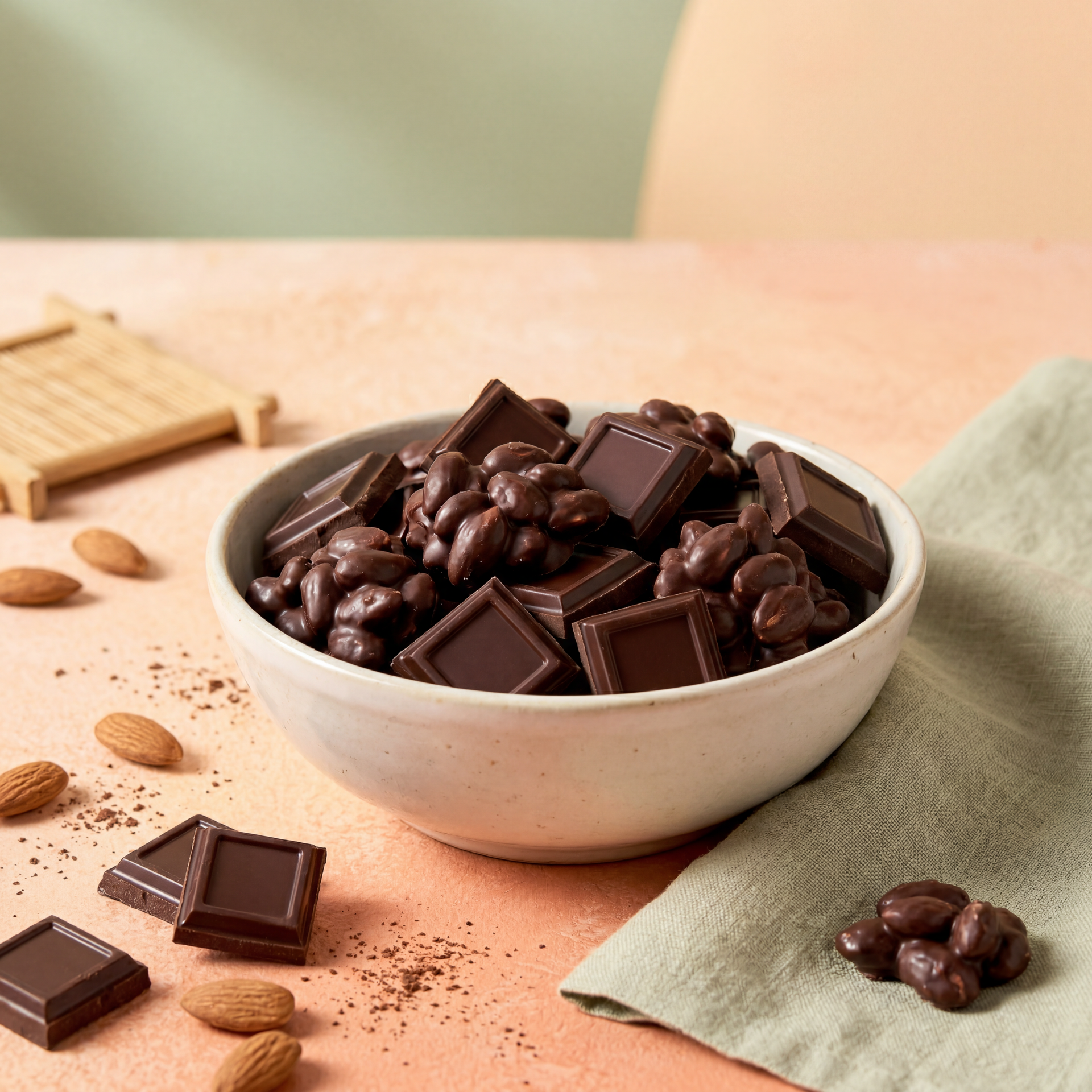 Bowl of assorted chocolate pieces and cocoa beans on a light tabletop with scattered chocolates nearby