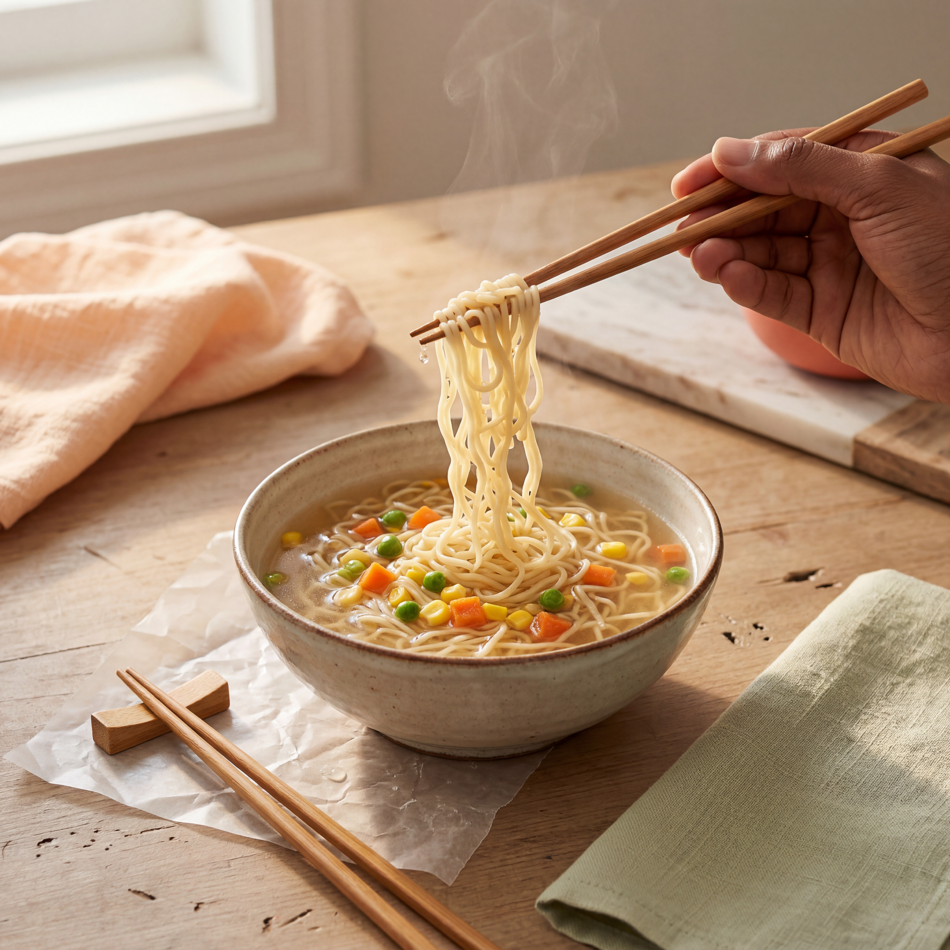 Chopsticks lifting noodles from a bowl of vegetable noodle soup on a sunlit table