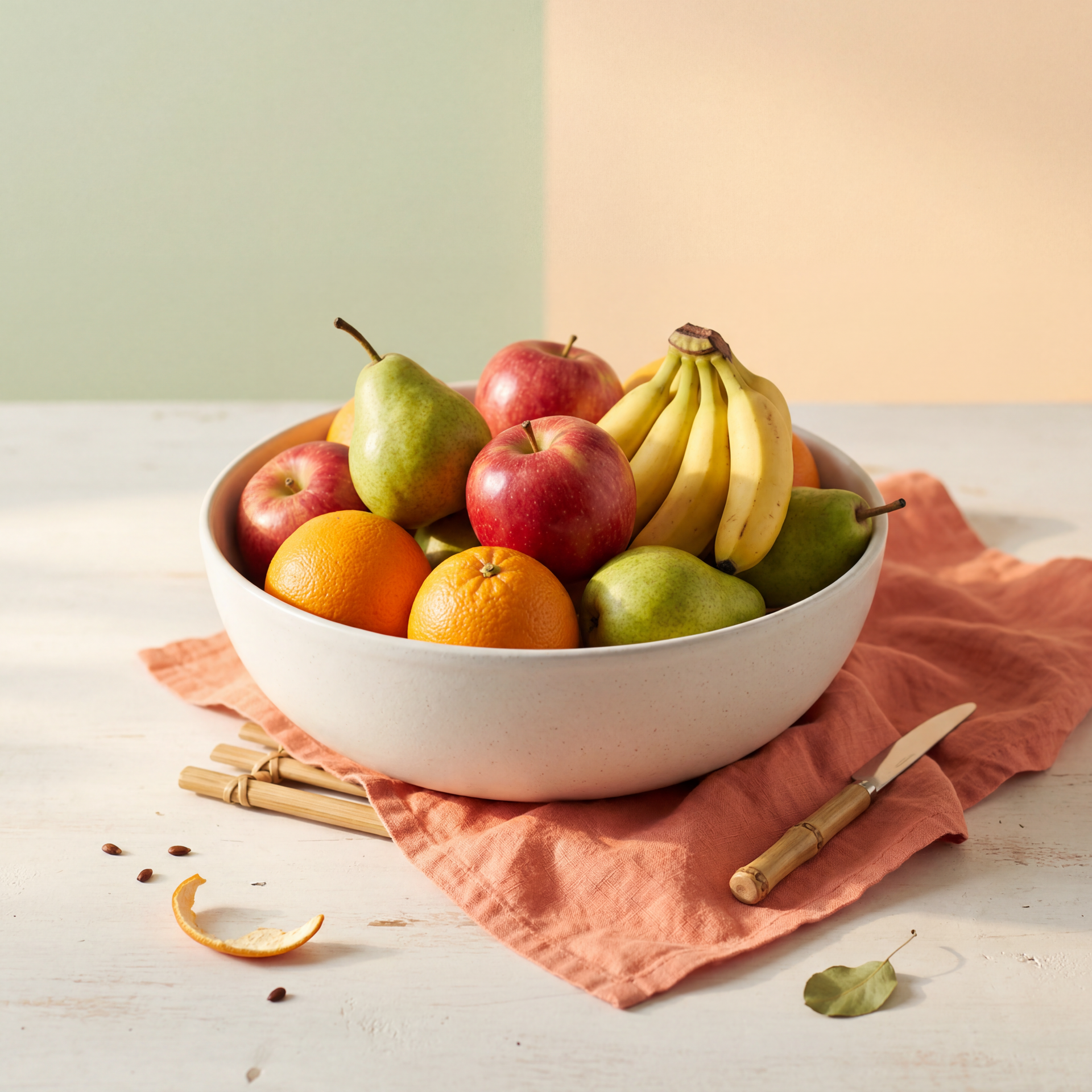 White bowl of mixed fruit on a pink cloth on a table, with a knife and peel nearby.