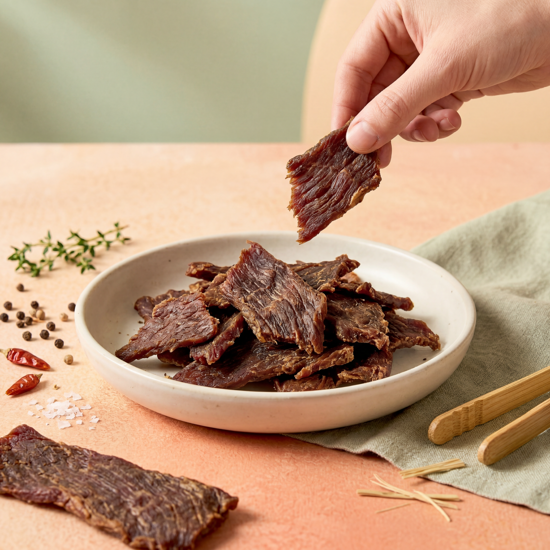 Hand placing a beef jerky strip over a bowl of jerky on a pink table with herbs and spices