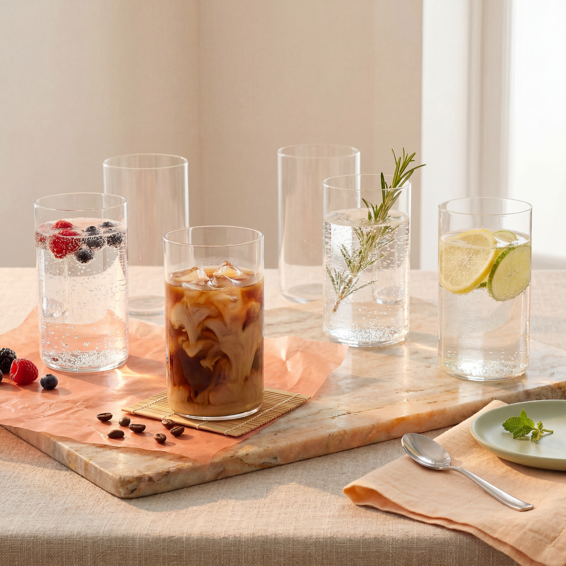 Four iced drinks on a wooden board with citrus, berries, mint, and spoons in a bright setting