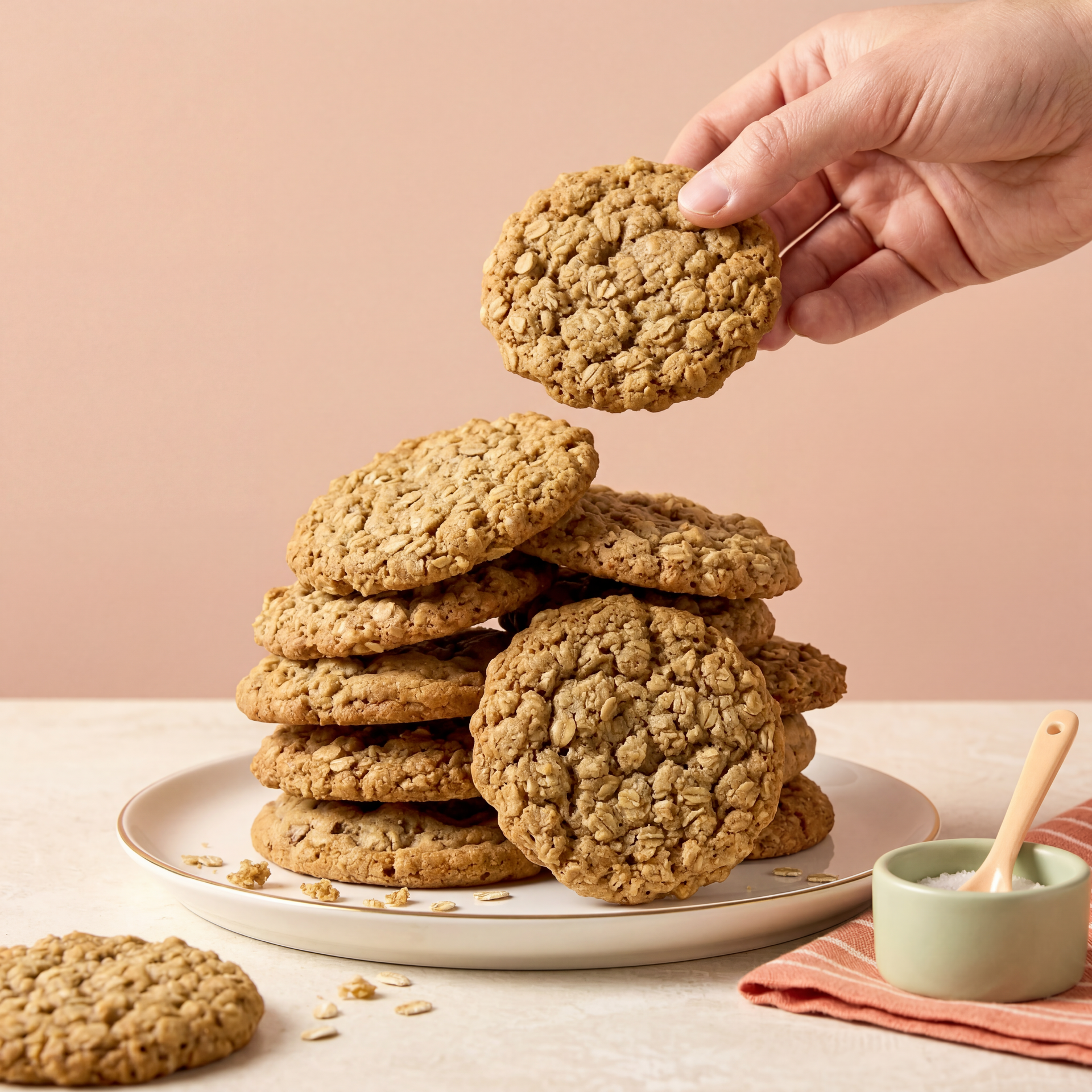 Hand placing a cookie on a stack of oatmeal cookies on a plate, with crumbs and a spoon nearby