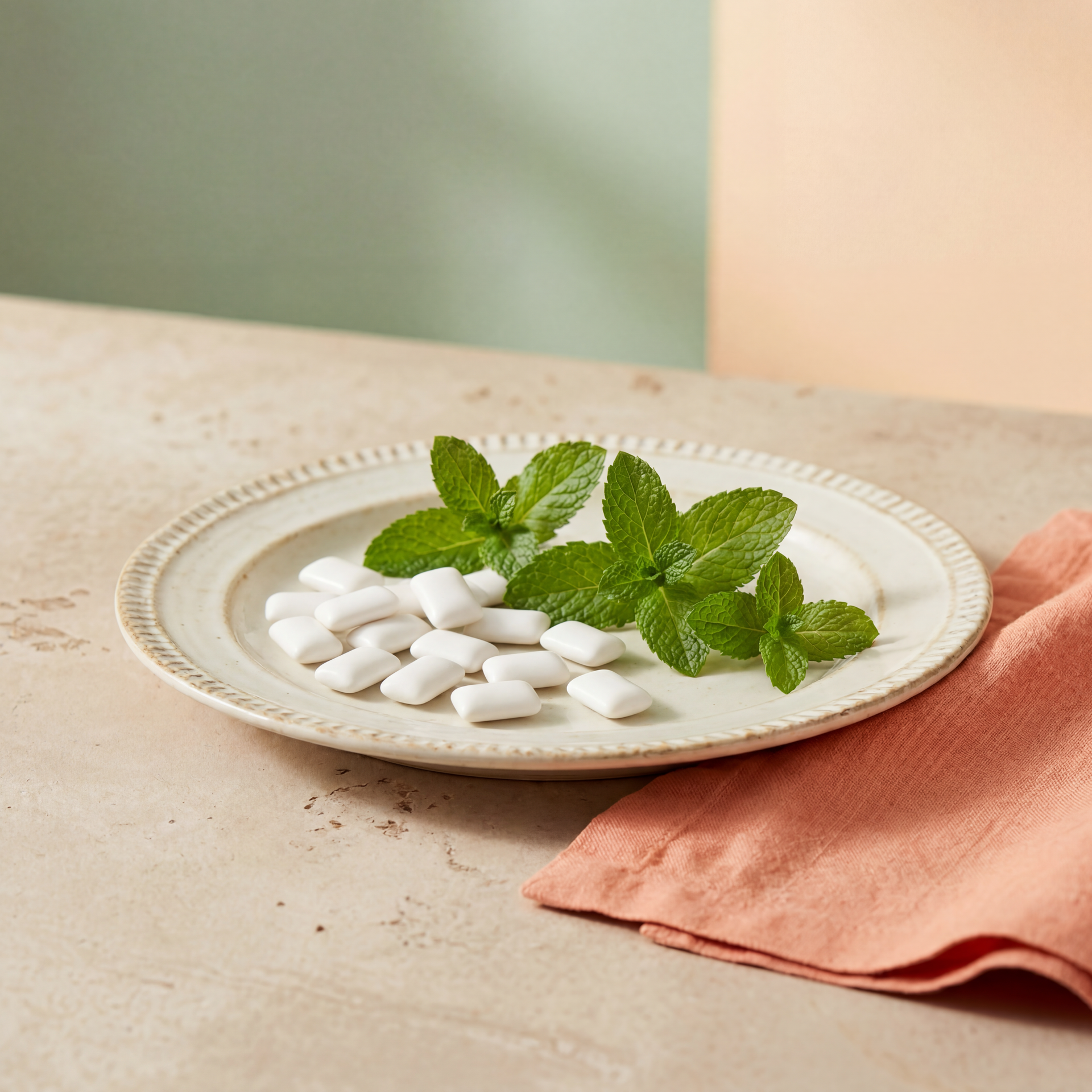 White tablets and fresh mint on a cream plate beside a peach napkin