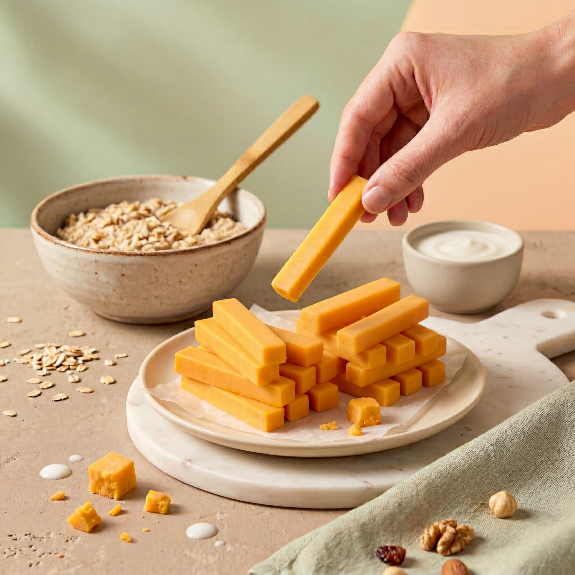 Hand placing a cheddar stick on a plate beside stacked cheese sticks and a bowl of oats