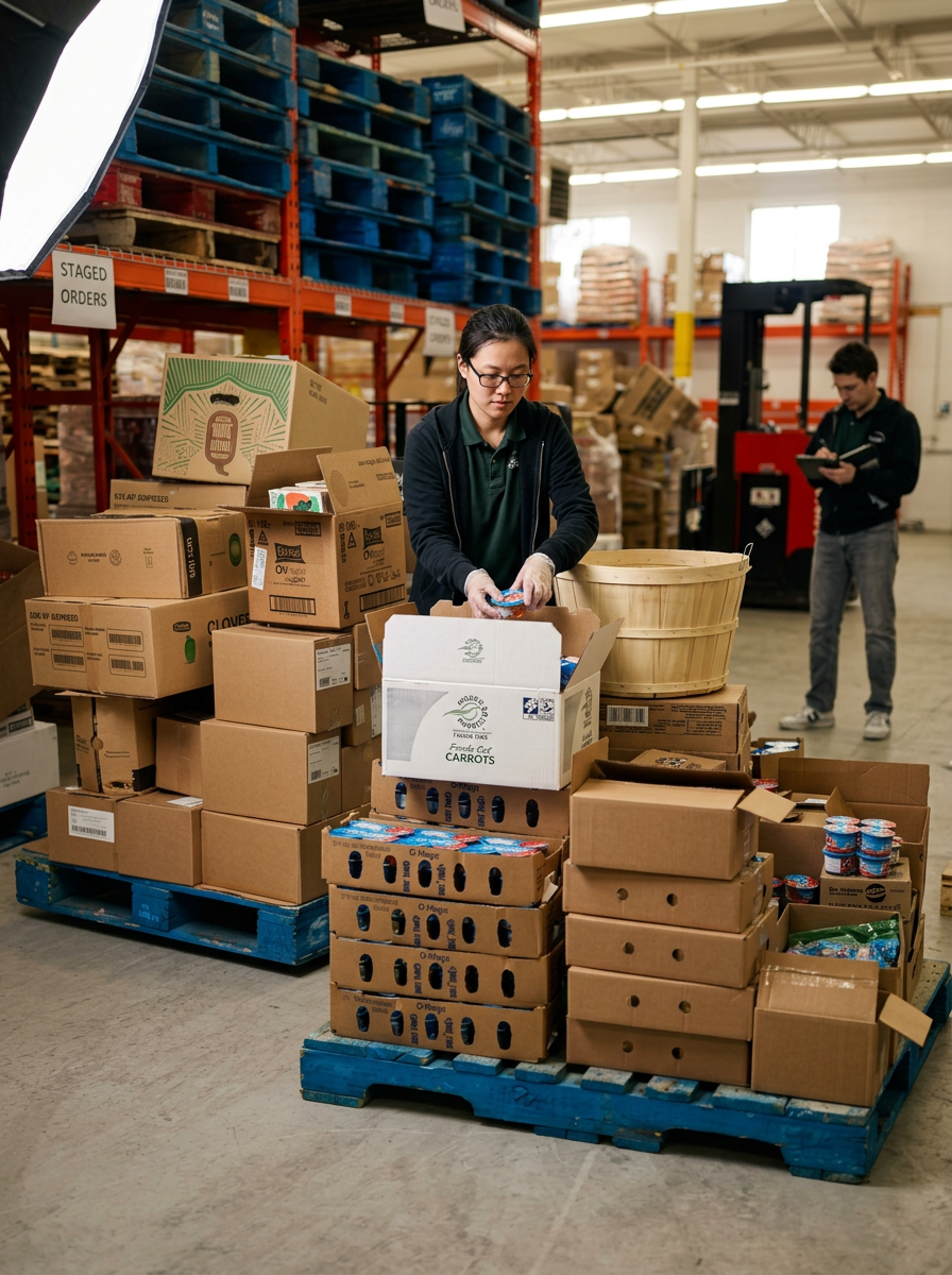 People sorting boxed food donations in a warehouse, with stacks of boxes and pallets around them.